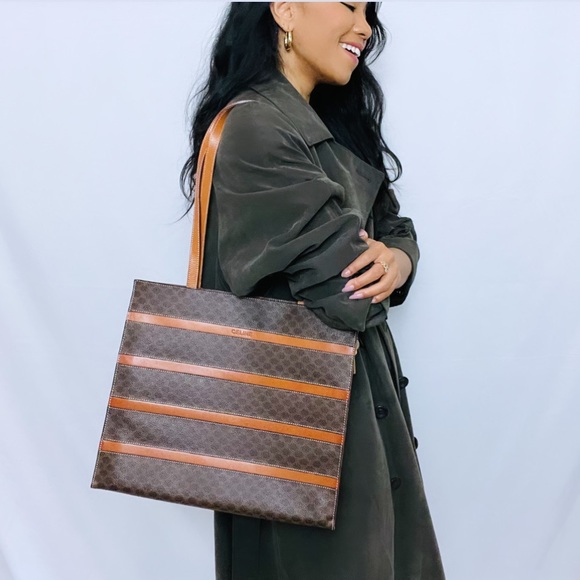 Celine | Authentic Brown Horizontal Stripe Triomphe Large Shopping Tote - Picture 14 of 15